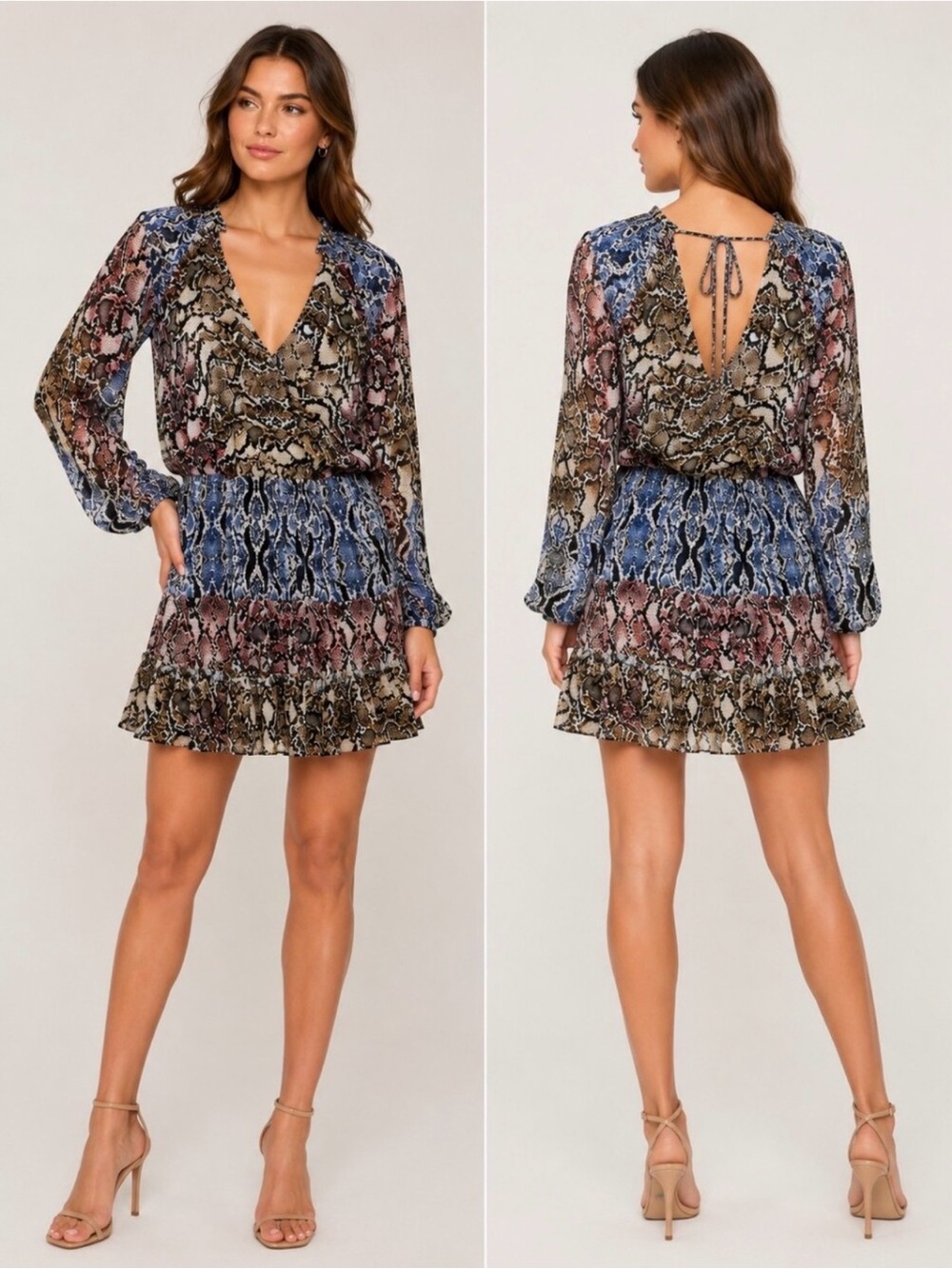 Parker 100% Silk Snakeskin Print Ruffle v neck Mini Dress Blue Pink Size S